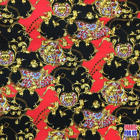 Paisley Floral Renaissance Stretch Poly-Spandex Fabric in Blue and Red 58"/60" W - Picture 5 of 7